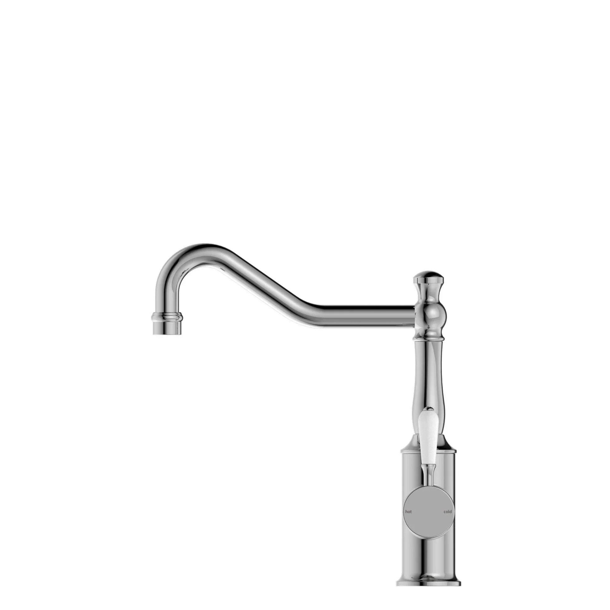 NERO YORK KITCHEN MIXER HOOK SPOUT WITH WHITE PORCELAIN LEVER CHROME - Ideal Bathroom CentreNR69210701CH
