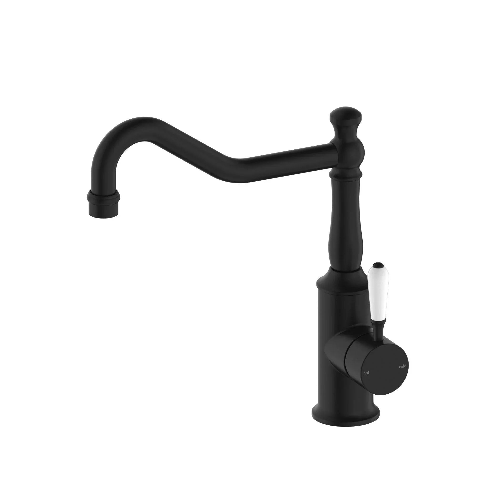 NERO YORK KITCHEN MIXER HOOK SPOUT WITH WHITE PORCELAIN LEVER MATTE BLACK - Ideal Bathroom CentreNR69210701MB