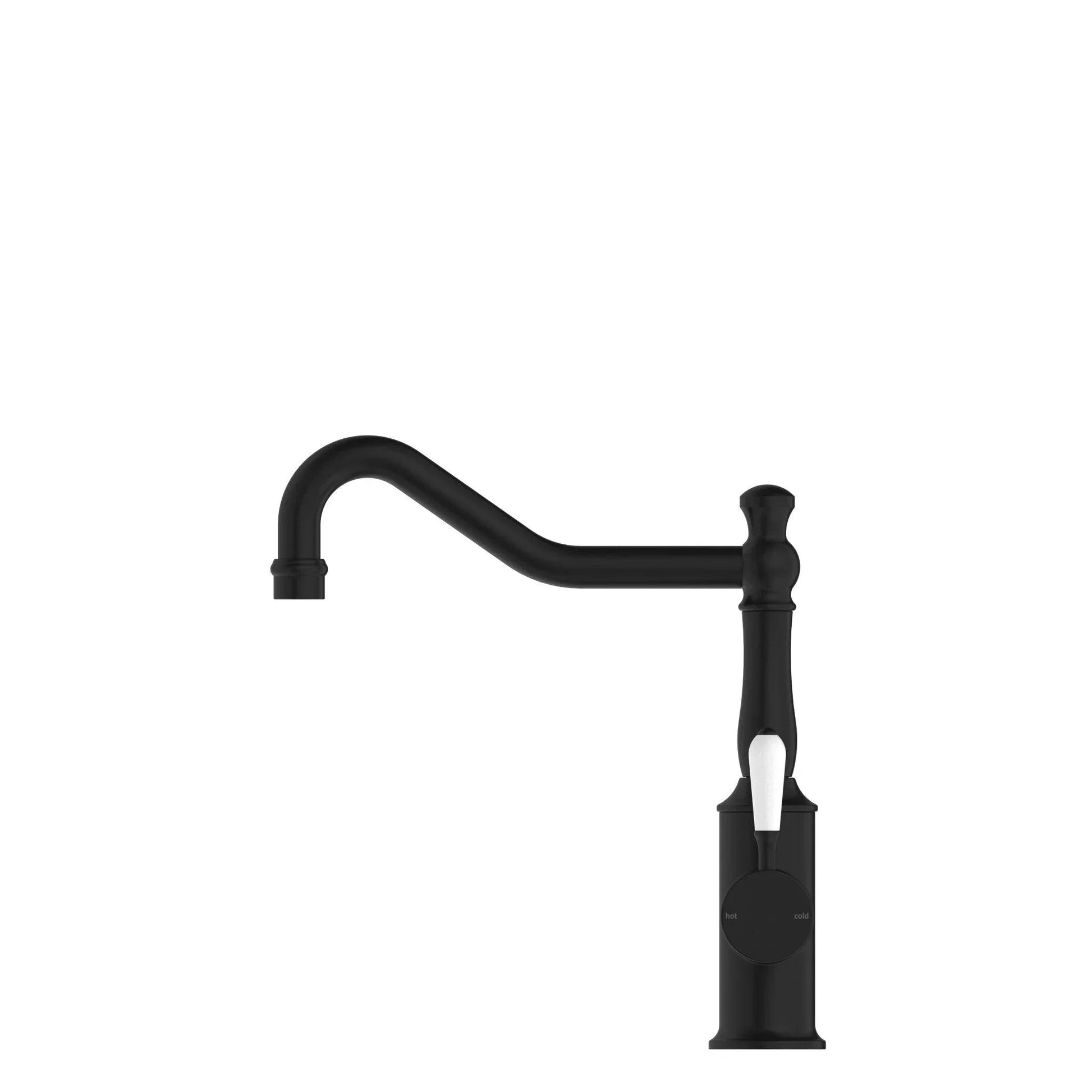 NERO YORK KITCHEN MIXER HOOK SPOUT WITH WHITE PORCELAIN LEVER MATTE BLACK - Ideal Bathroom CentreNR69210701MB