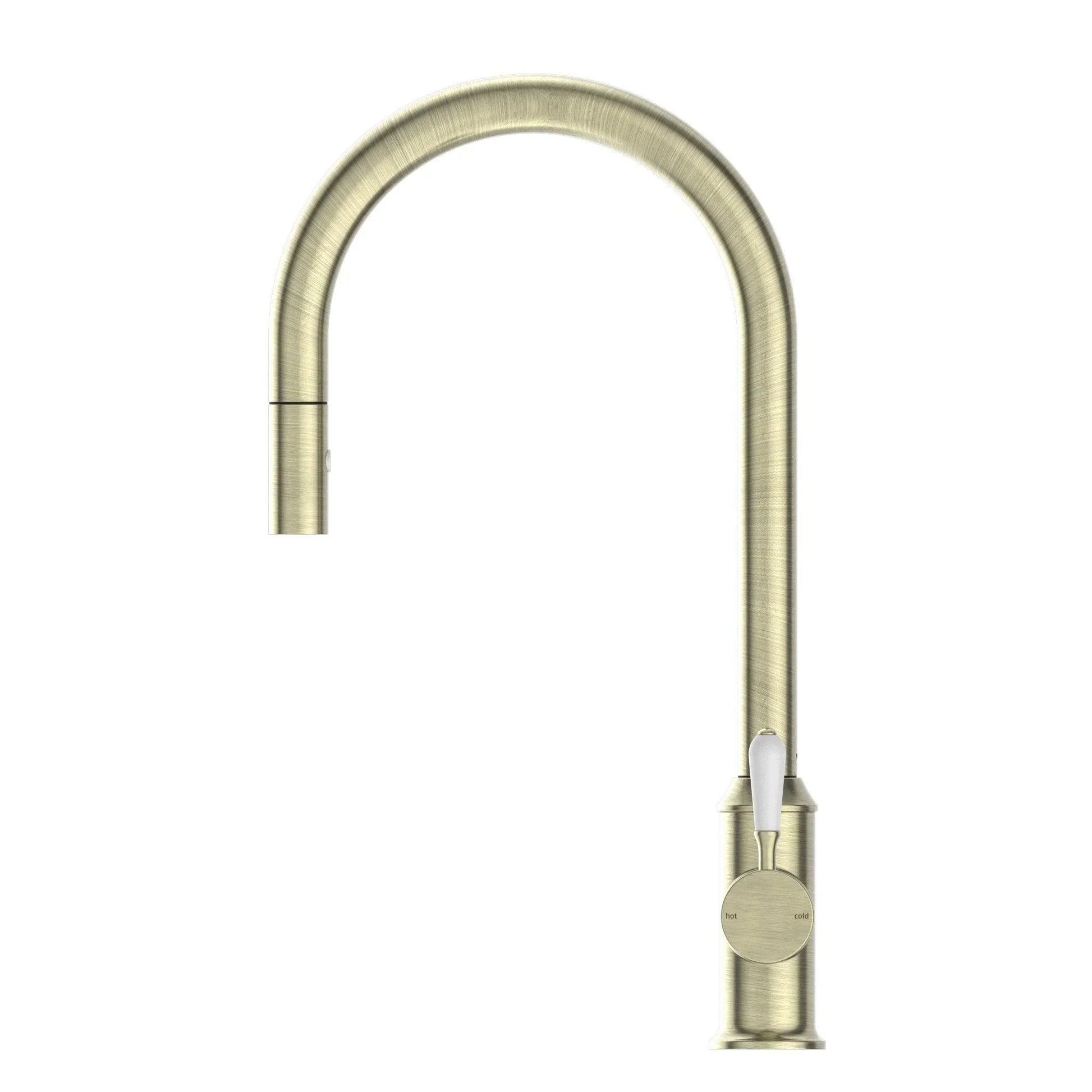 NERO YORK PULL OUT SINK MIXER WITH VEGIE SPRAY FUNCTION WITH WHITE PORCELAIN LEVER AGED BRASS - Ideal Bathroom CentreNR69210801AB