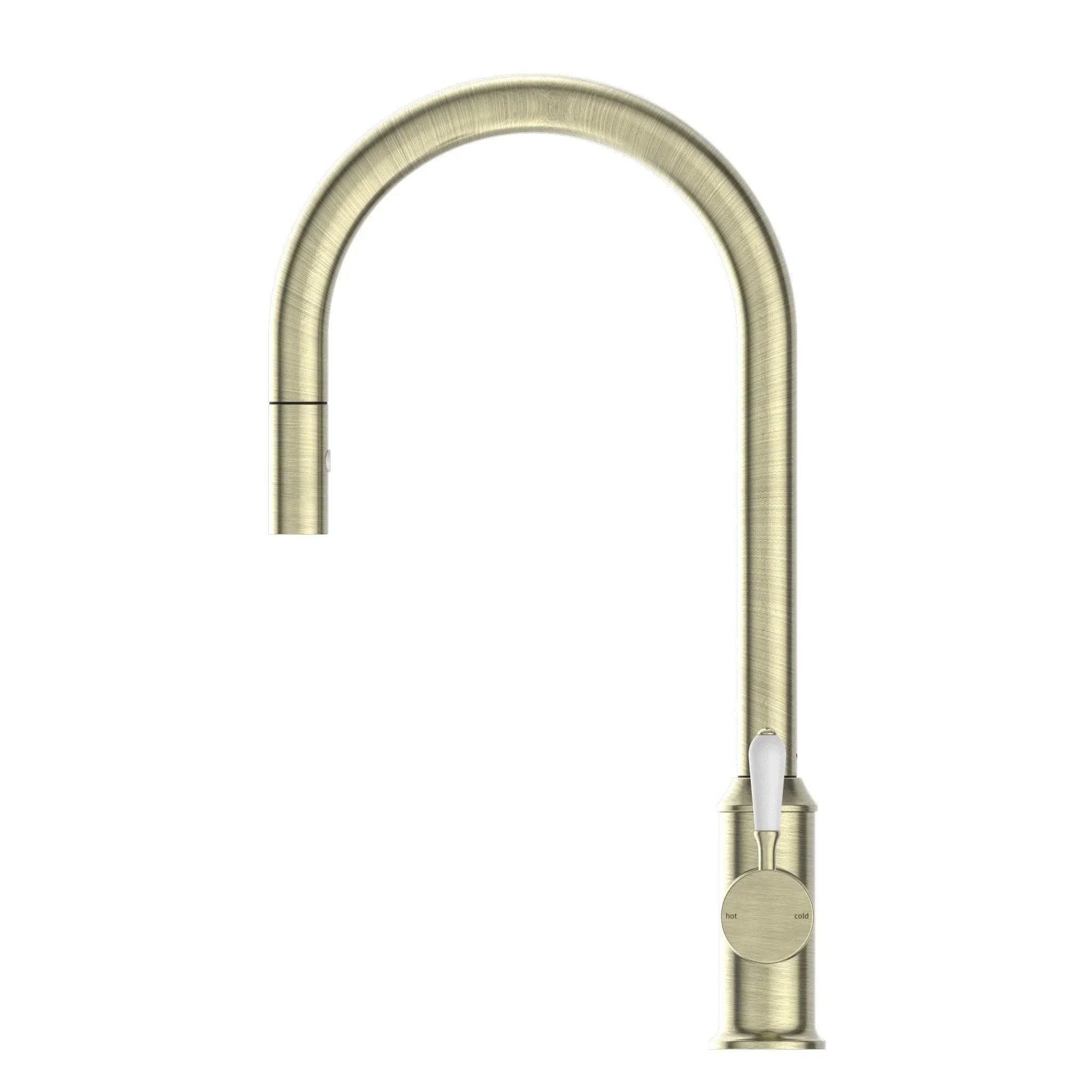 NERO YORK PULL OUT SINK MIXER WITH VEGIE SPRAY FUNCTION WITH WHITE PORCELAIN LEVER AGED BRASS - Ideal Bathroom CentreNR69210801AB