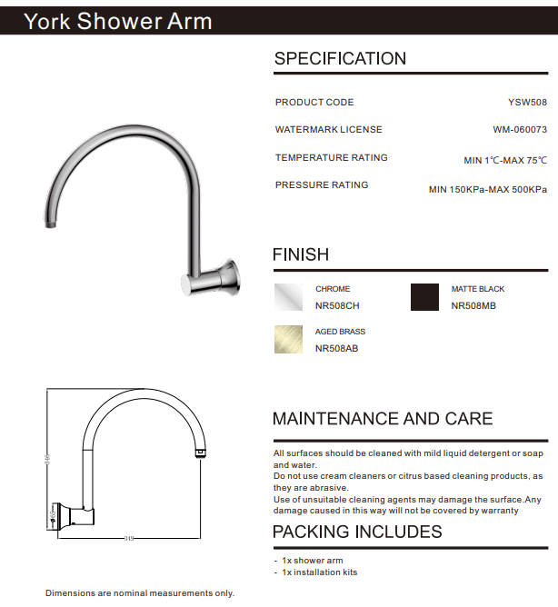 NERO YORK SHOWER ARM MATTE BLACK - Ideal Bathroom CentreNR508MB