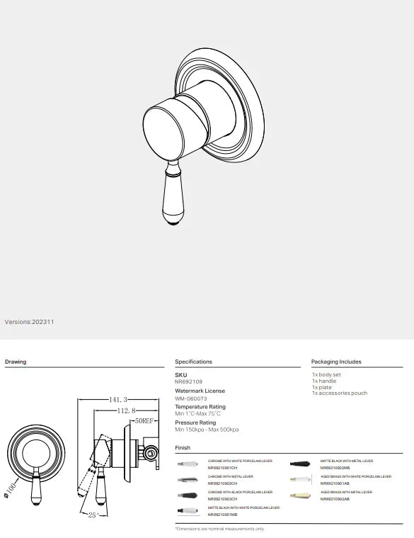 NERO YORK SHOWER MIXER WITH BLACK PORCELAIN LEVER CHROME - Ideal Bathroom CentreNR69210903CH