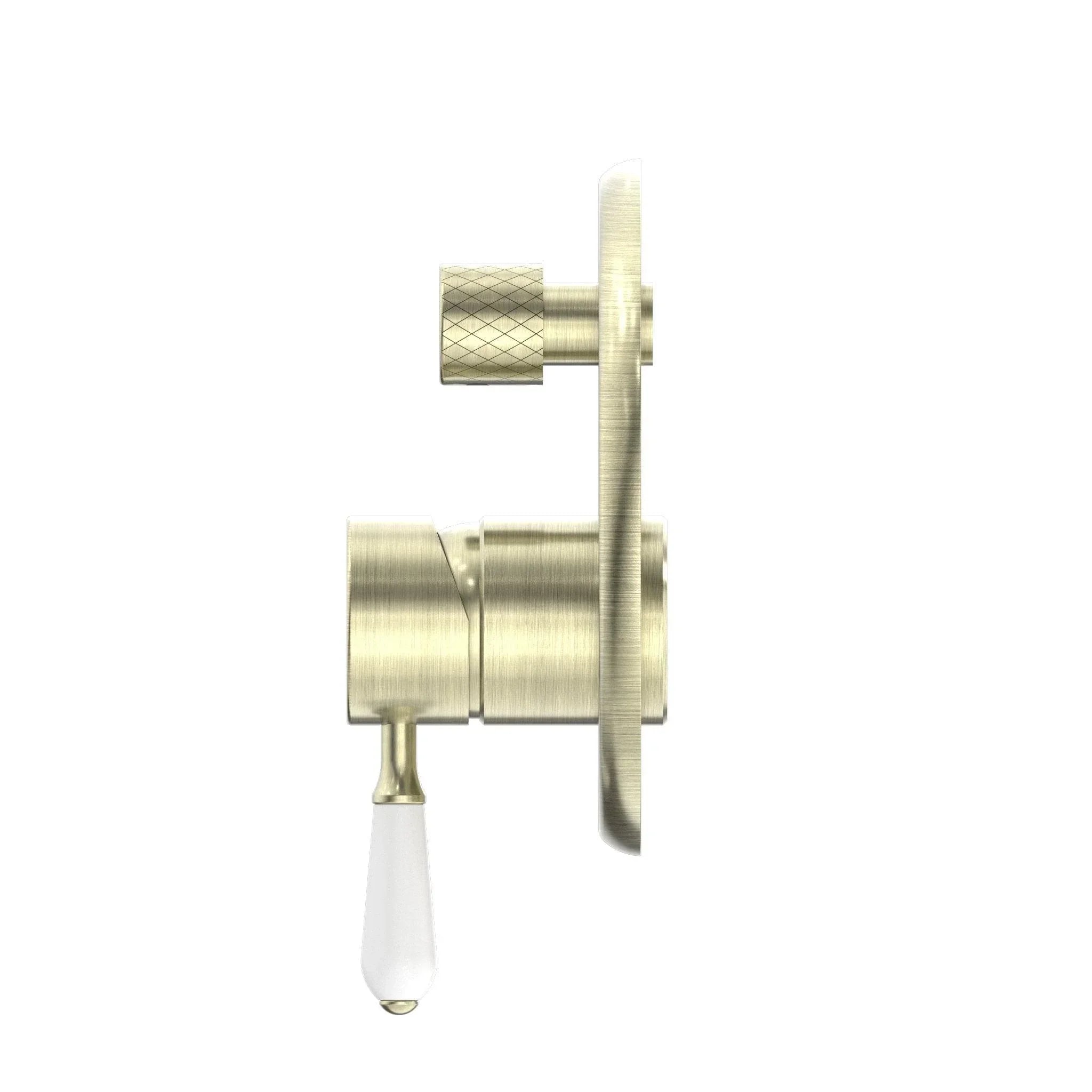 NERO YORK SHOWER MIXER WITH DIVERTOR WITH WHITE PORCELAIN LEVER AGED BRASS - Ideal Bathroom CentreNR692109a01AB