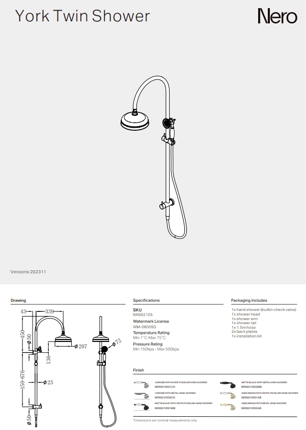 NERO YORK TWIN SHOWER WITH METAL HAND SHOWER CHROME - Ideal Bathroom CentreNR69210502CH