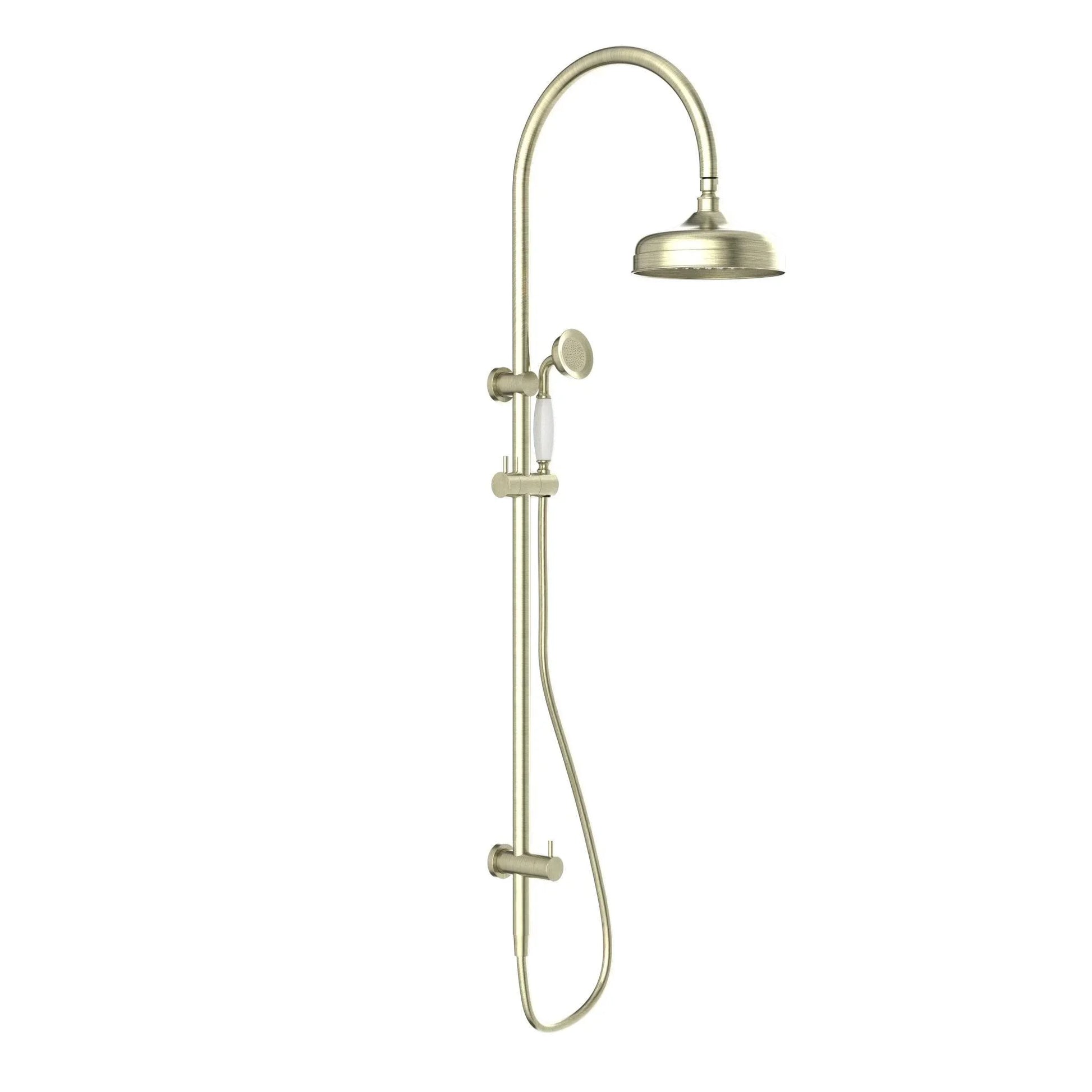 NERO YORK TWIN SHOWER WITH WHITE PORCELAIN HAND SHOWER AGED BRASS - Ideal Bathroom CentreNR69210501AB