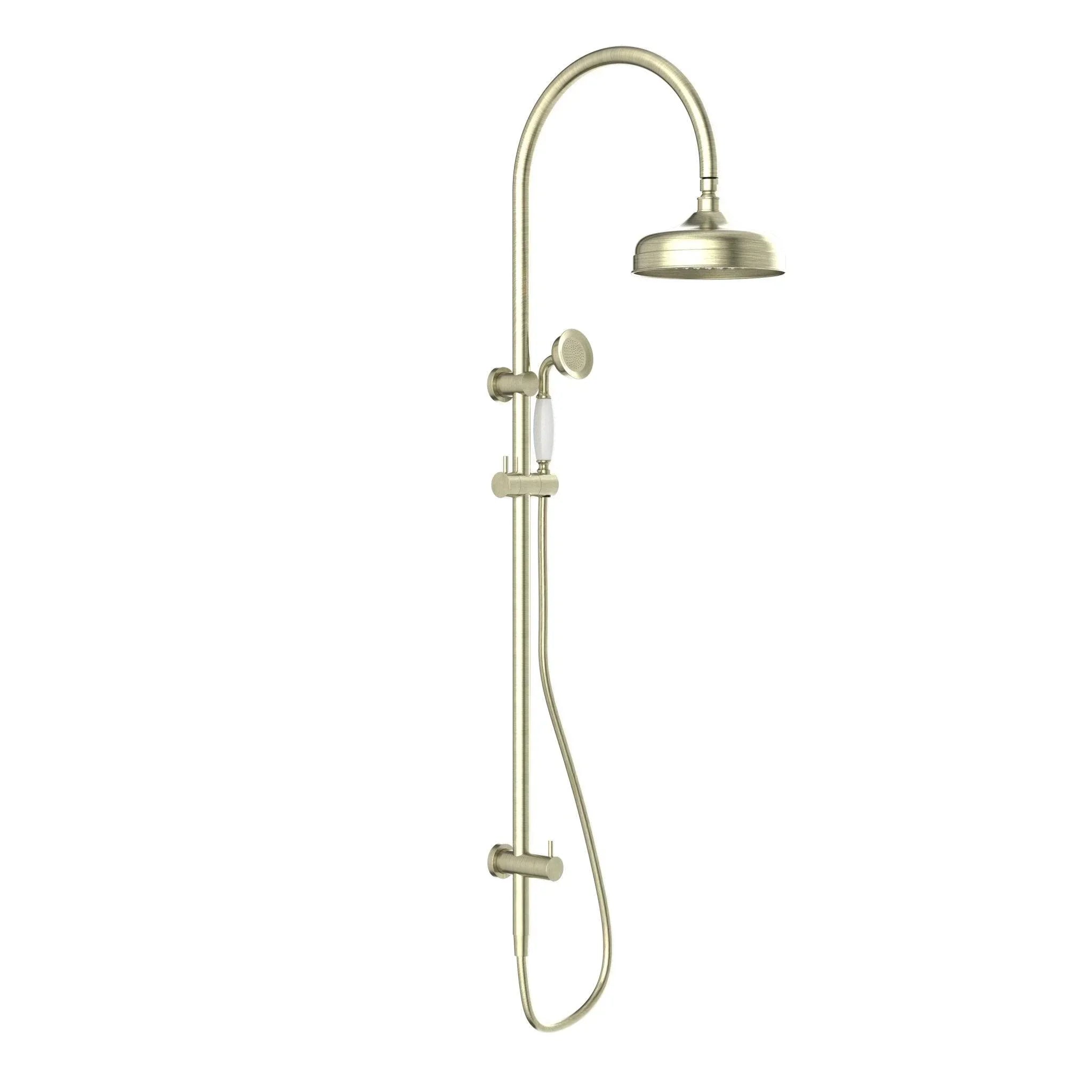 NERO YORK TWIN SHOWER WITH WHITE PORCELAIN HAND SHOWER AGED BRASS - Ideal Bathroom CentreNR69210501AB