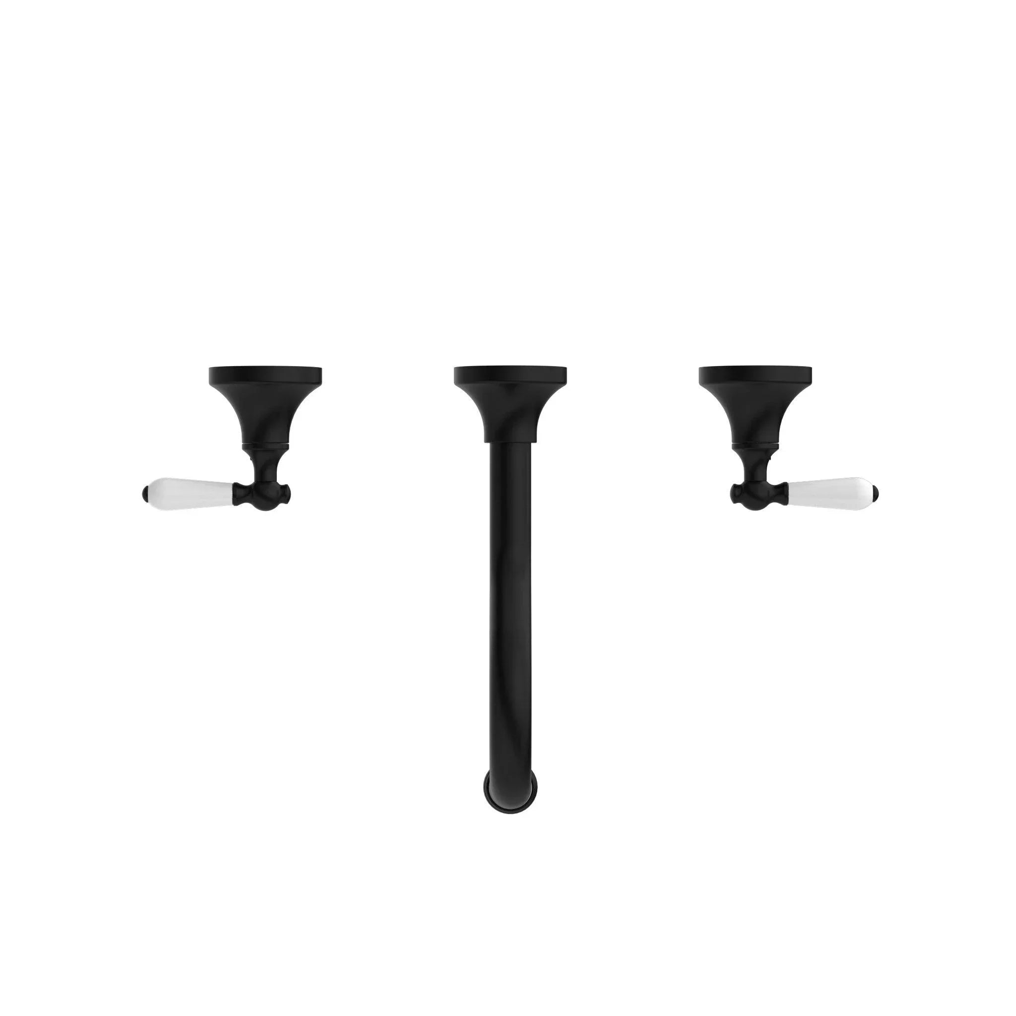 NERO YORK WALL BASIN SET WITH WHITE PORCELAIN LEVER MATTE BLACK - Ideal Bathroom CentreNR692107a01MB