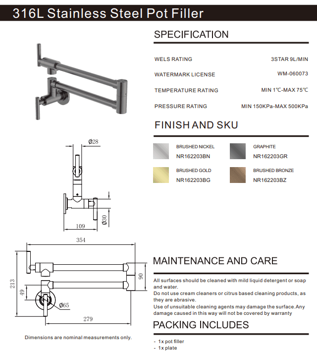 NERO ZEN 316L STAINLESS STEEL POT FILLER BRUSHED NICKEL - Ideal Bathroom CentreNR162203BN
