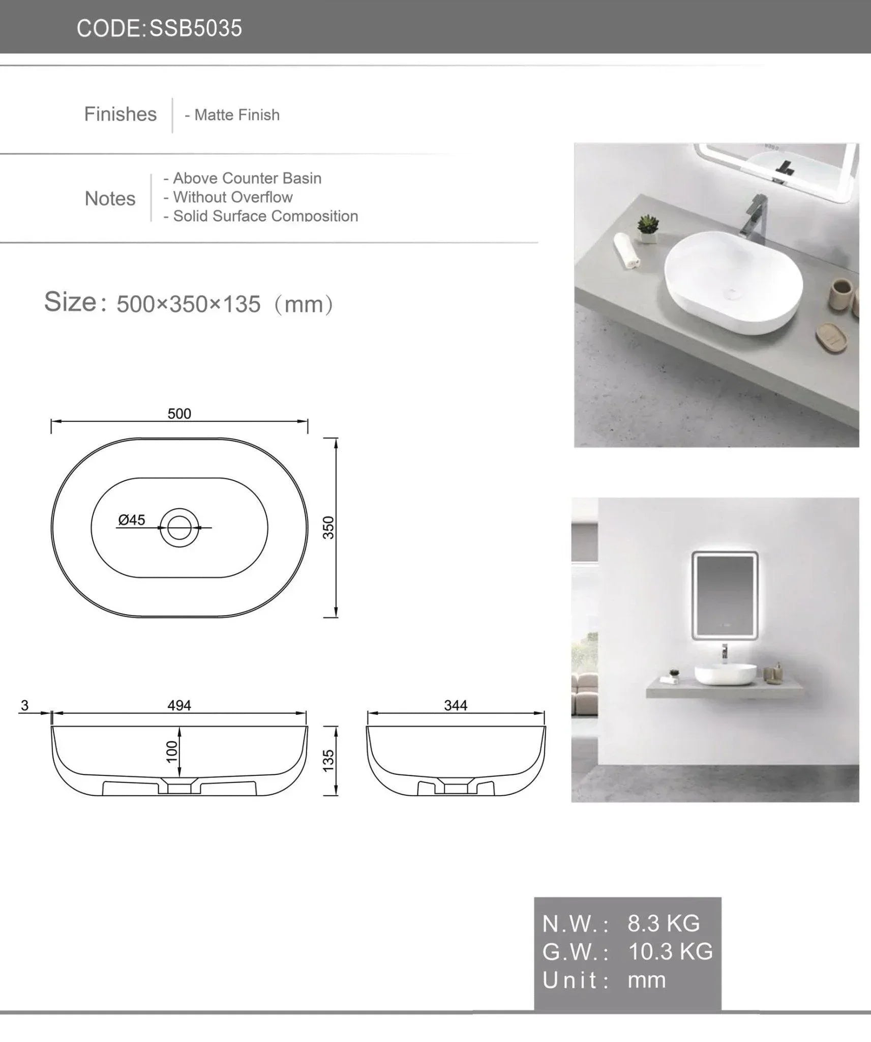 Otti Portofino Solid Surface Basin - Ideal Bathroom CentreSSB5035