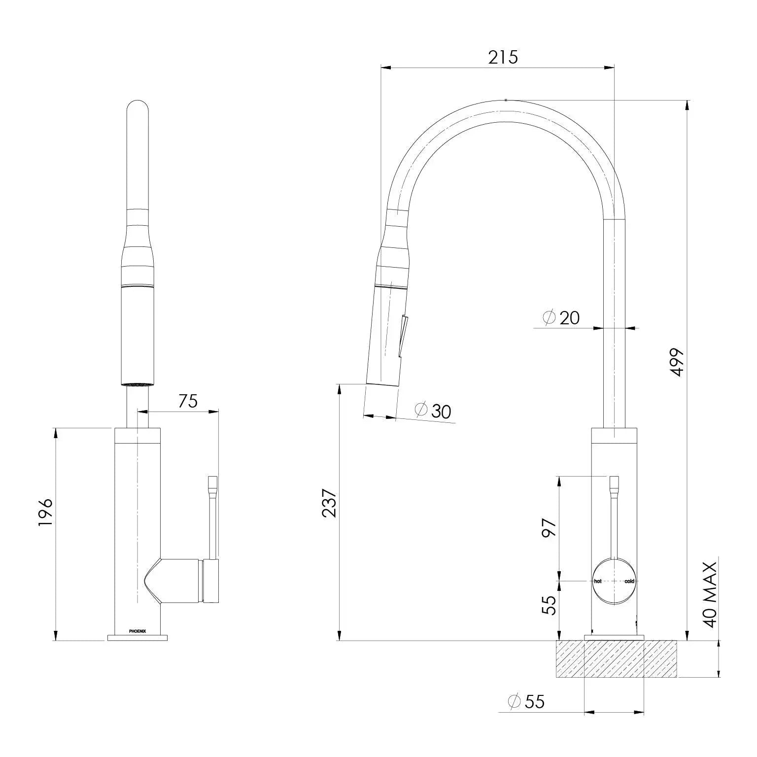Phoenix Deja Pull Out Sink Mixer 220mm - Ideal Bathroom Centre126-7330-40Brushed Nickel