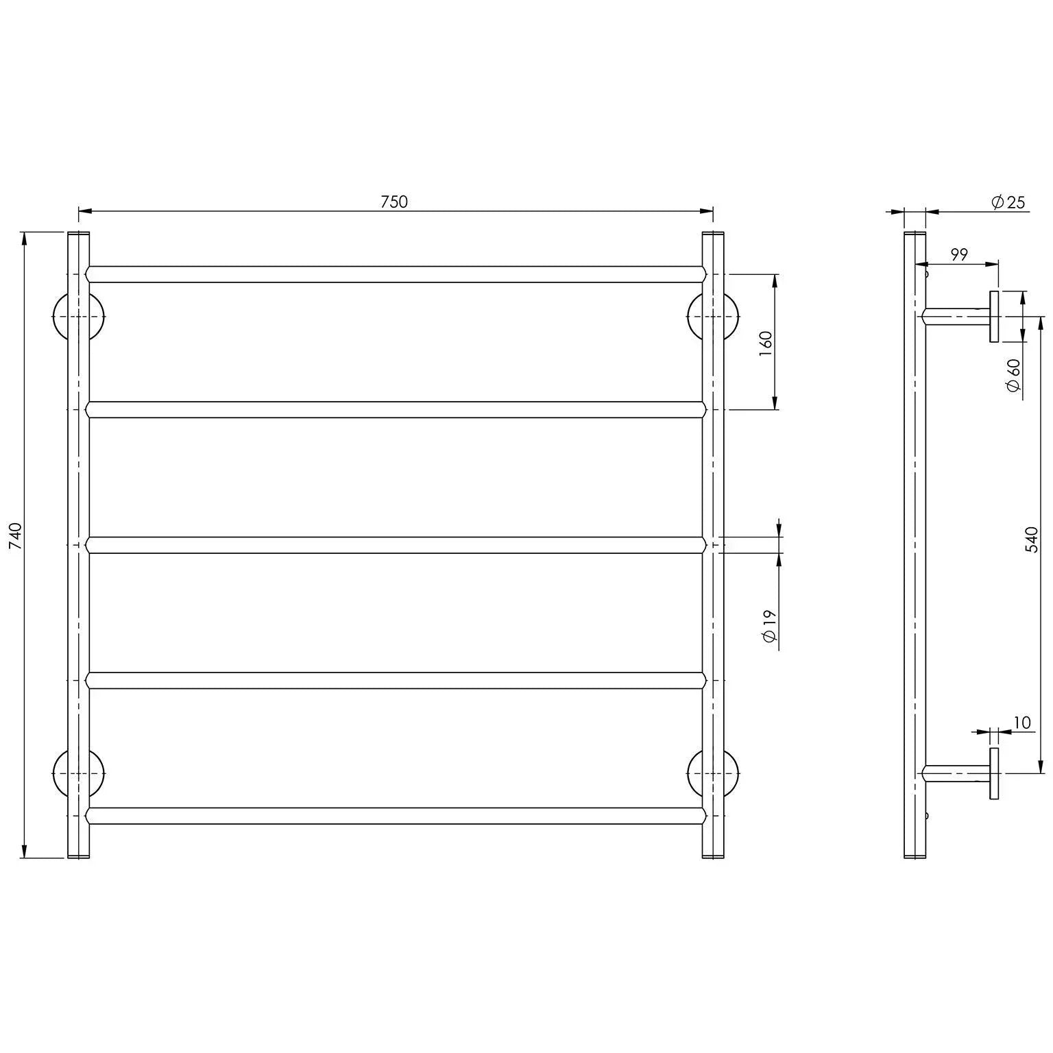 Phoenix Radii Towel Ladder 750 x 740mm Round Plate - Ideal Bathroom CentreRA871 CHR