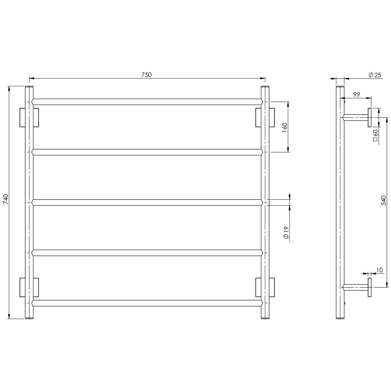 Phoenix Radii Towel Ladder 750 x 740mm Square Plate - Ideal Bathroom CentreRS871 CHR