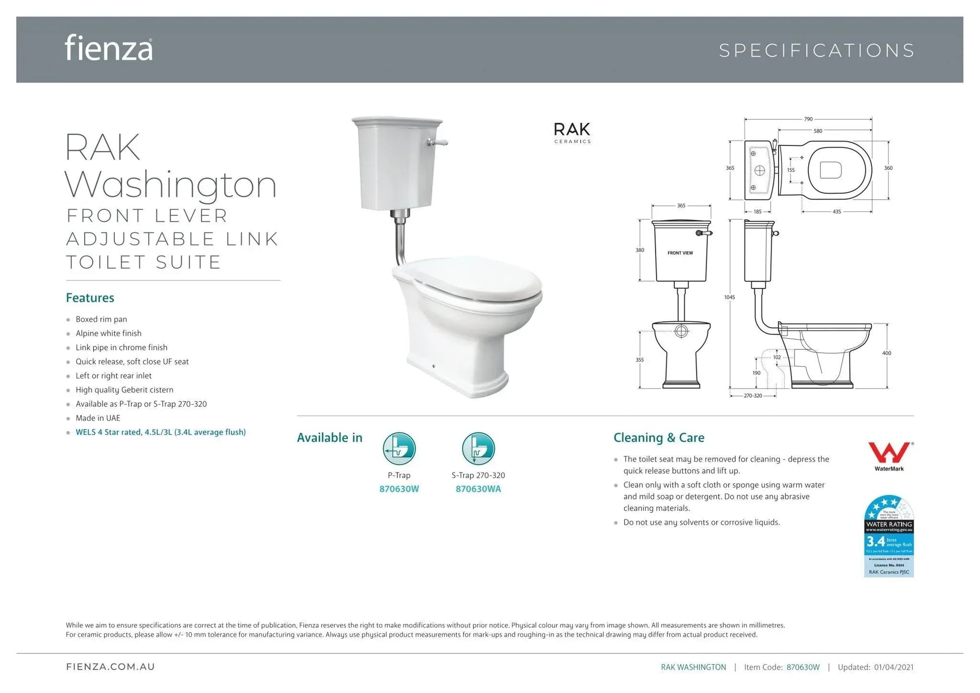 RAK Washington Front Lever Adjustable Link Toilet Suite - Ideal Bathroom Centre870630WP Trap