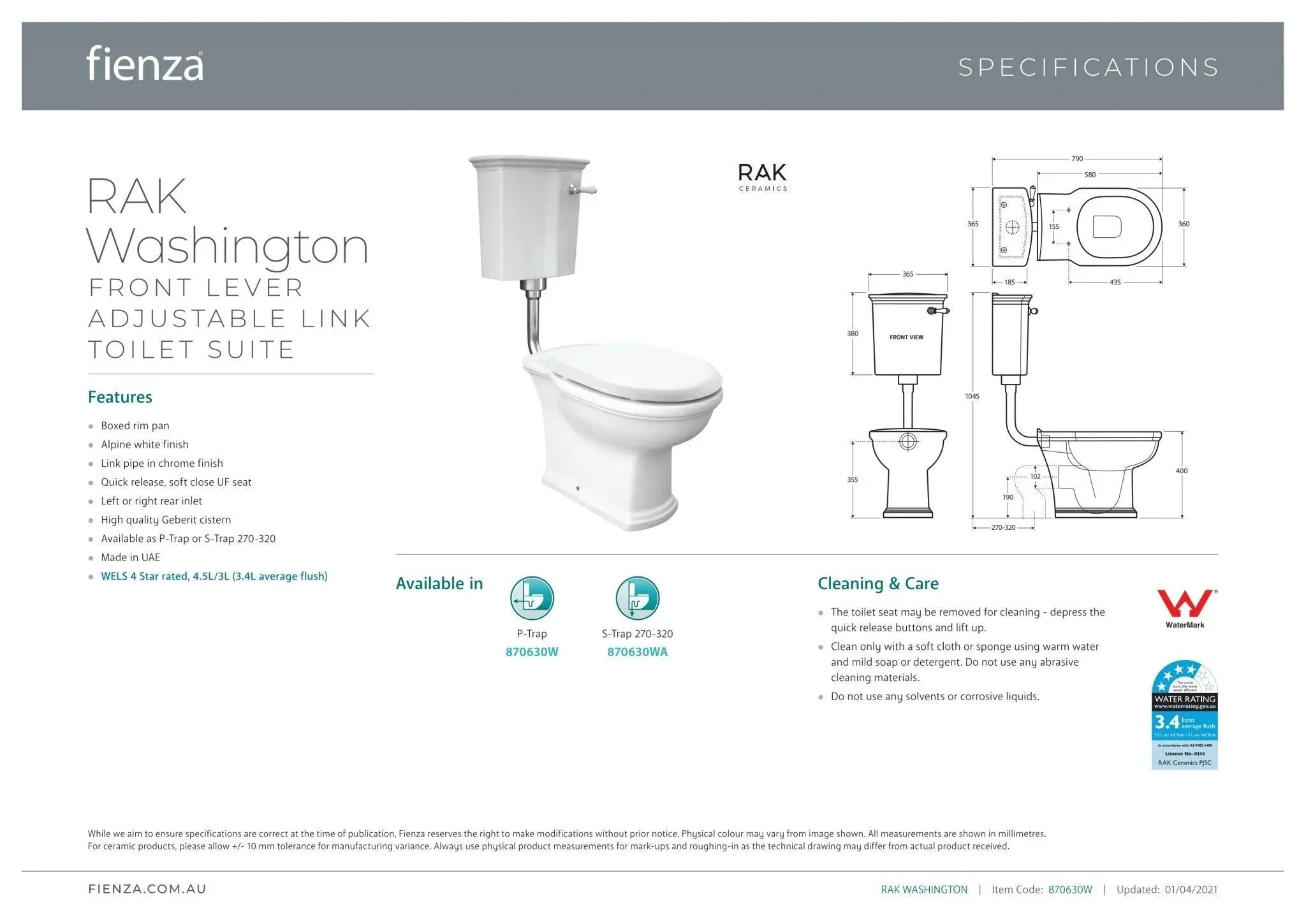 RAK Washington Front Lever Adjustable Link Toilet Suite - Ideal Bathroom Centre870630WP Trap