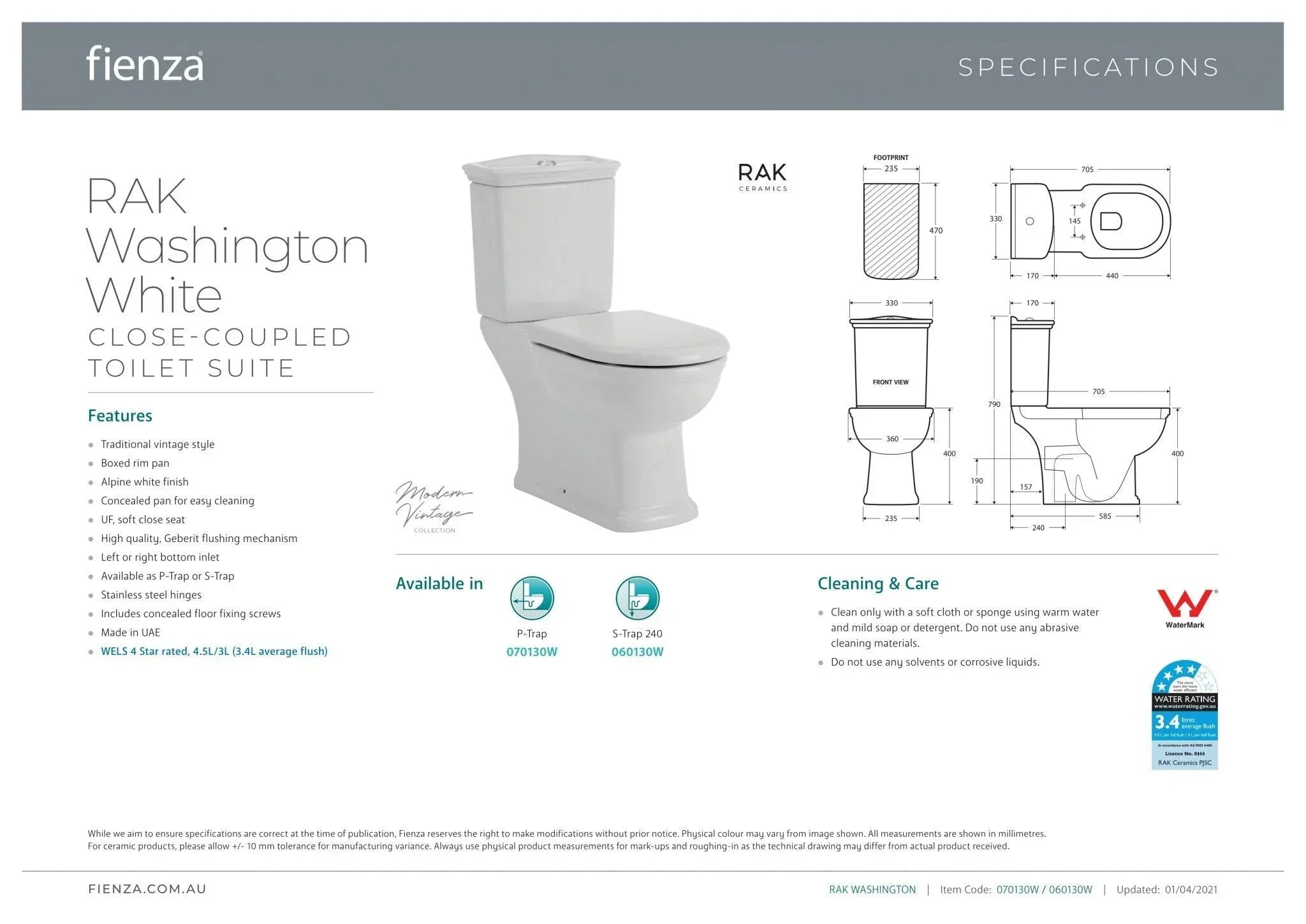 RAK Washington White Close Coupled Toilet Suite - Ideal Bathroom Centre070130WP Trap