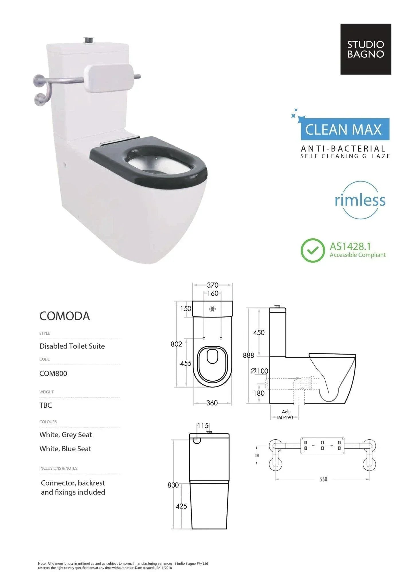 Studio Bagno Comoda Disable Rimless Toilet Suite - Ideal Bathroom CentreCOM800/BLBlue
