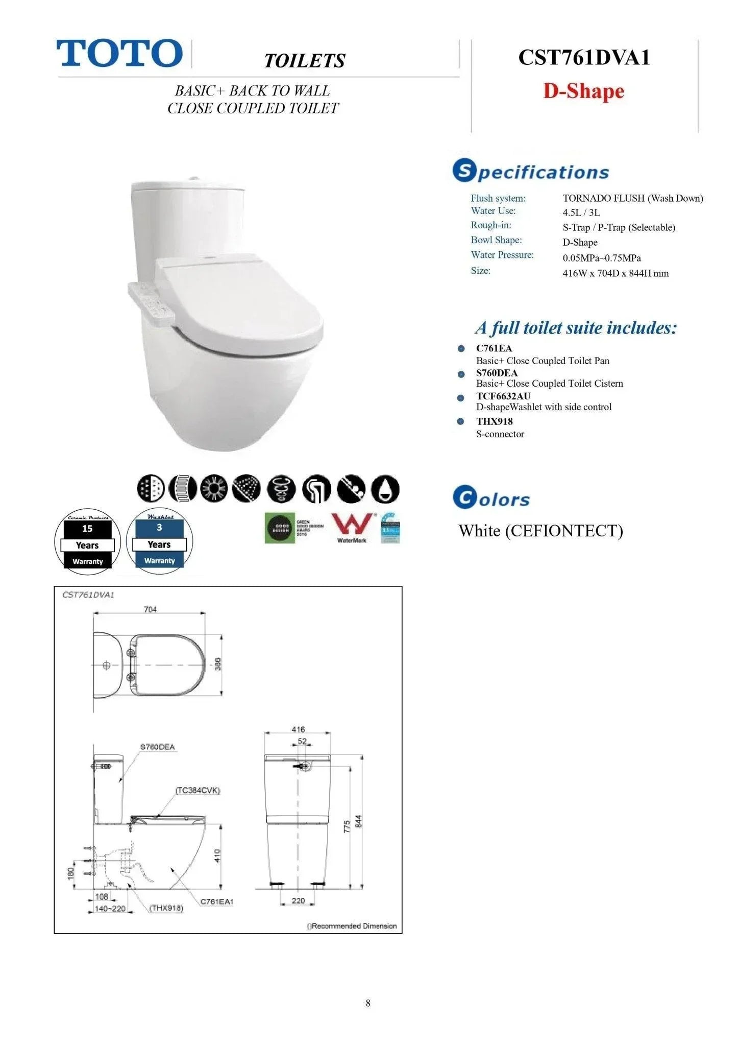 TOTO BASIC+ BACK TO WALL CLOSE COUPLED TOILET WITH S2 Washlet - Ideal Bathroom CentreCST761DVA1_TCF33320GAU